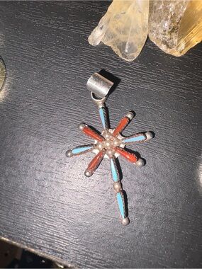 Sterling Silver Turquoise & Coral Native Starburst Pendant